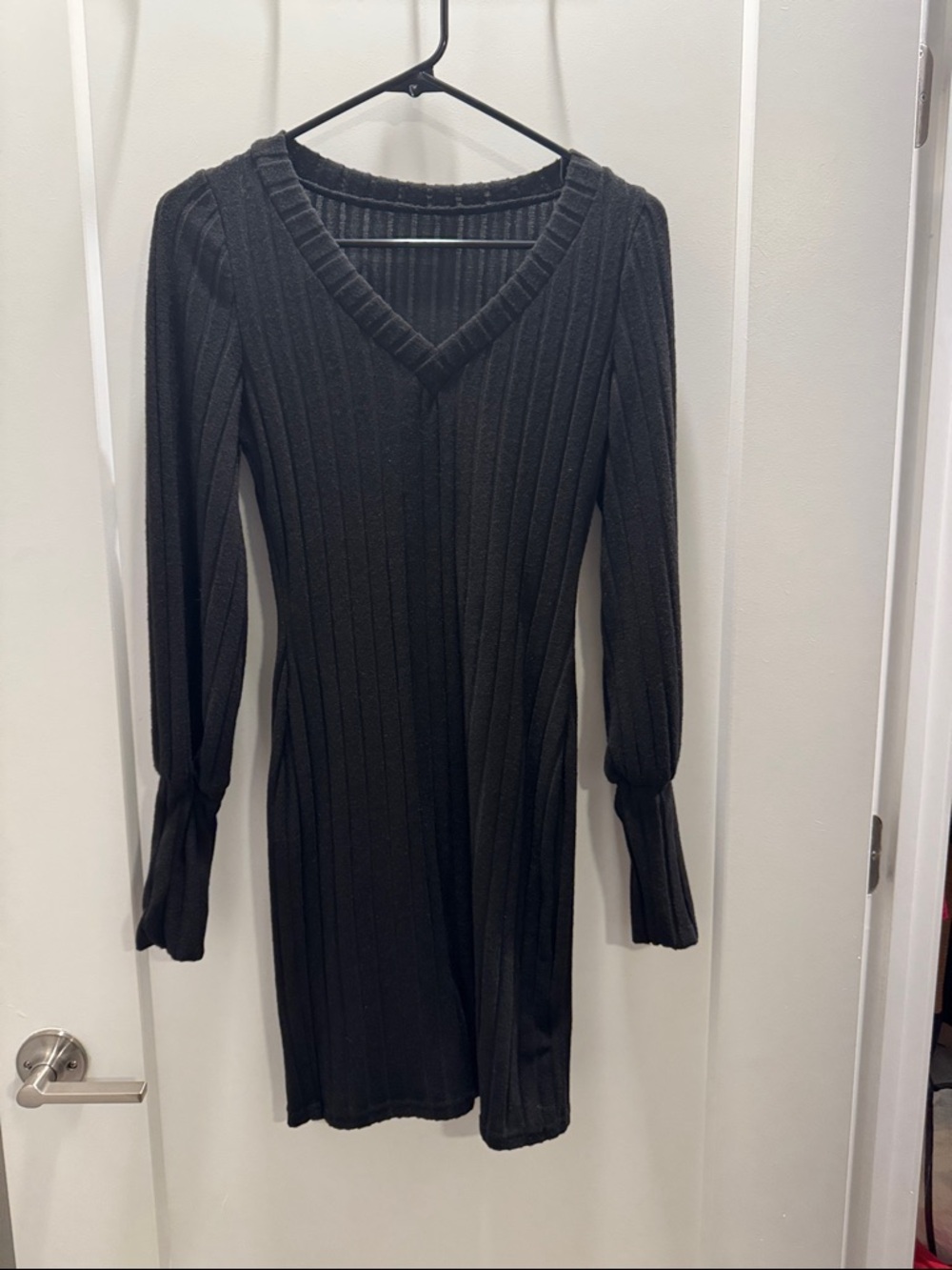 V-Neck Black Ribbed Long Sleeve Dress